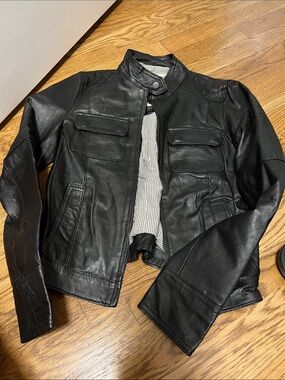 Mango Black Leather Jacket navy and White Striped Lining